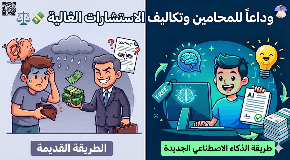وداعاً للمحامين وتكاليف الاستشارات الغالية ⚖️💸

ليش تدفع آلاف الريالات عشان عقد Word أو استشارة مدتها 10 دقايق؟ اليوم التقنية عطتك مكتب محاماة كامل في جيبك ومجاناً💯 طبق هالثلاث خطوات 👇
1- عقود جاهزة Word لا تكتب من الصفر 📄 لا تألف وتغلط بصياغة بنود قانونية. حمل آلاف العقود