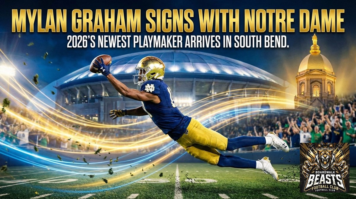 coachschuman's tweet photo. Mylan Graham brings speed, power, and elite playmaking to Notre Dame. The Irish just leveled up. Legends chase greatness. Game changers create it. #MylanGraham #NotreDame #TransferPortal #EliteAthletes For more info go to https://t.co/GPAl2Sw1Nw, boardwalkbeastsfb. https://t.co/Jrpo70vZru