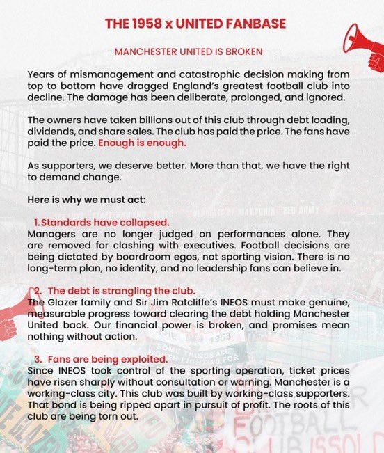 KevMUFC_'s tweet photo. We’ve watched this club fall apart for years and we’re just supposed to accept it. Debt, excuses, higher prices, zero direction. Enough.

This message matters. Please share it, talk about it, don’t let it be ignored. United was built by the fans and change won’t come unless we make noise.

#UnitedIsBroken