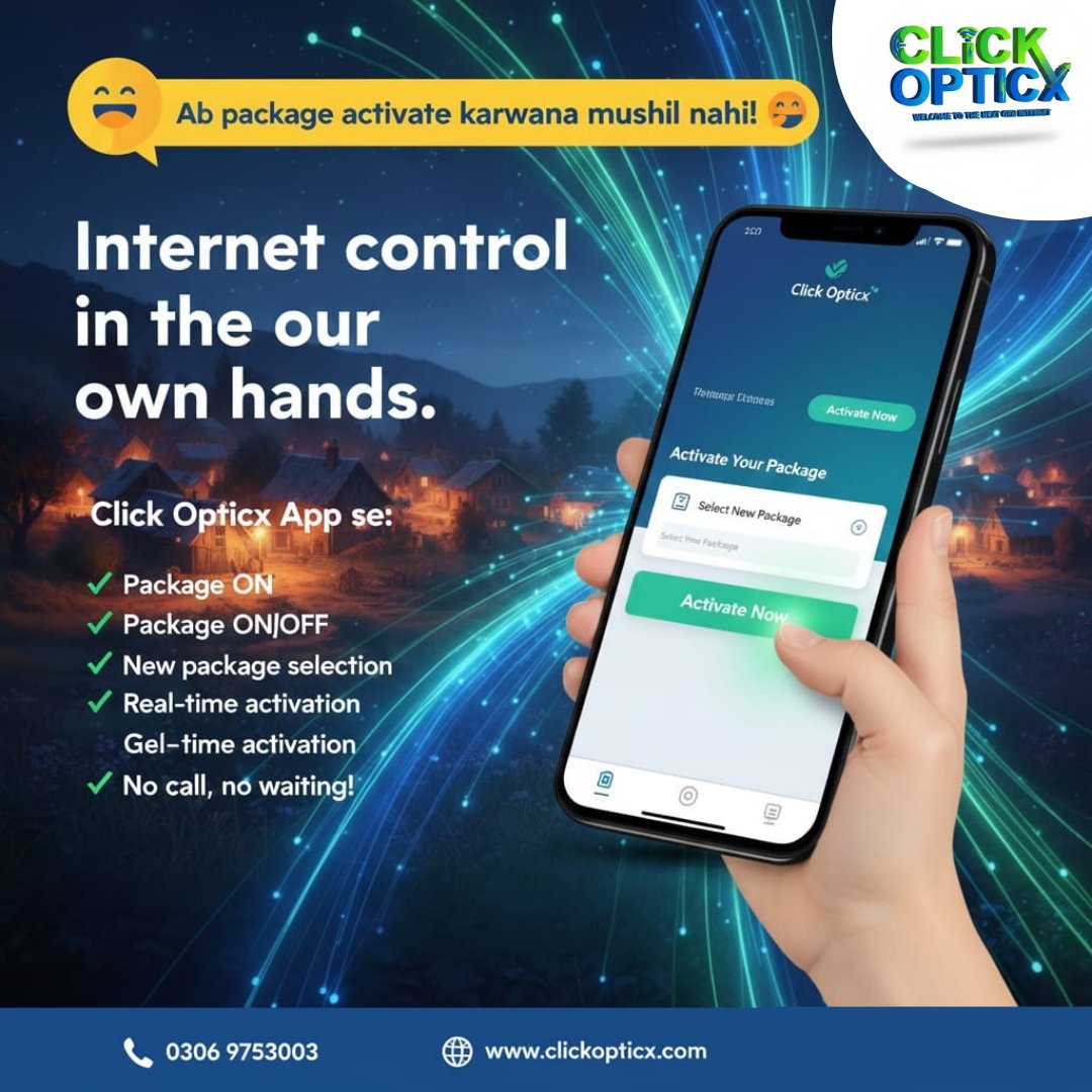 ClickOpticx's tweet photo. Internet Control in Your Hands!
#ClickOpticx #InternetControl #HighSpeedInternet #SmartHome #DigitalLife #InternetService #TechSolutions #PakistanTech #NoMoreWaiting #Connectivity https://t.co/lm7InnhBVp