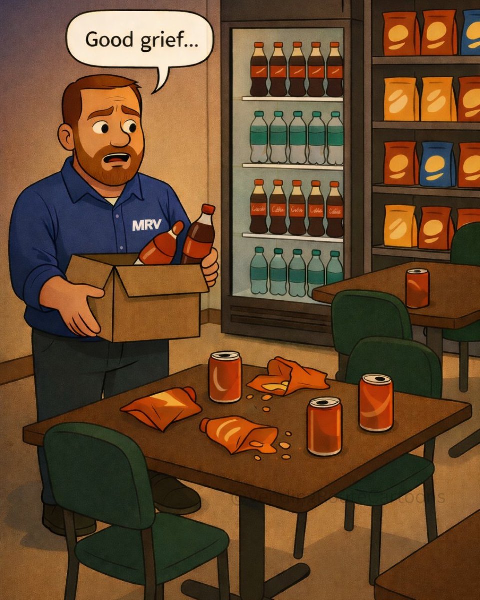 VendingCartoons's tweet image. Sometimes, the machines aren’t the problem.
Sometimes it’s the breakroom.
Hashtags:
#RouteLife #VendingWorld #MetroRouteVending #MRV #WorkScenes #BreakroomStories #VRC #DayOnRoute #RealRouteMoments