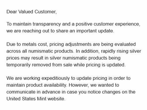 CryptoVonDoom's tweet photo. Silver just $92 an ounce and the US Mint is no longer selling silver coins due to price volatility.
This is one of the wildest things I've seen. 
I don't know if this is just late stage capitalism, chaos, speedrunning curreny debasement just another bump in the road on the way to AI driven abundance.