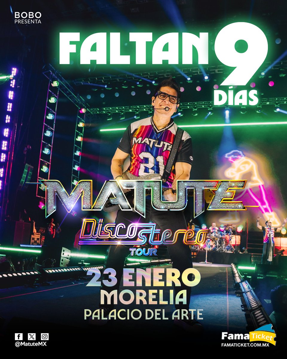 9️⃣ Días para el #DiscoStereoTour 💿 🎤 de <a href="/MATUTEmx/">Matute Oficial</a> en el Palacio del Arte de #Morelia
 
📆 Viernes 23 de Enero 
⏰ 9 Pm 

🎫 Venta de boletos en Taquillas del Palacio del Arte  y en línea en bit.ly/MatuteMorelia2…

 #FamaTicket #Matute #MatuteEnConcierto #MatuteEstaEnLaCasa