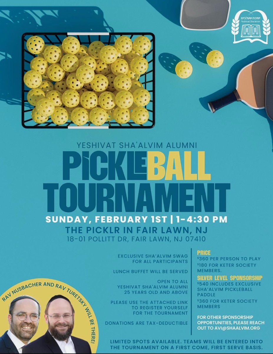 We are very excited to announce the first annual Yeshivat Sha’alvim Pickleball Tournament - geared towards alumni 25 years old and above. Spots will be reserved on a first come, first serve basis. Please sign up using this link:
forms.gle/19bQK1vD4EbGzx…