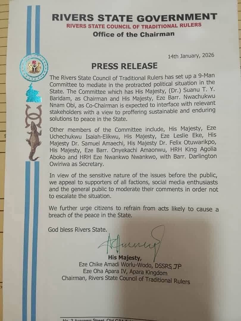 AskPHPeople's tweet photo. Rivers State Council of Traditional Rulers sets up a 9-Man Committee to mediate in the political dispute between Gov. Sim Fubara, Rivers State House of Assembly and The FCT Minister, Chief Barr. Nyesom Ezenwo Wike. https://t.co/tdMQjg2YDK