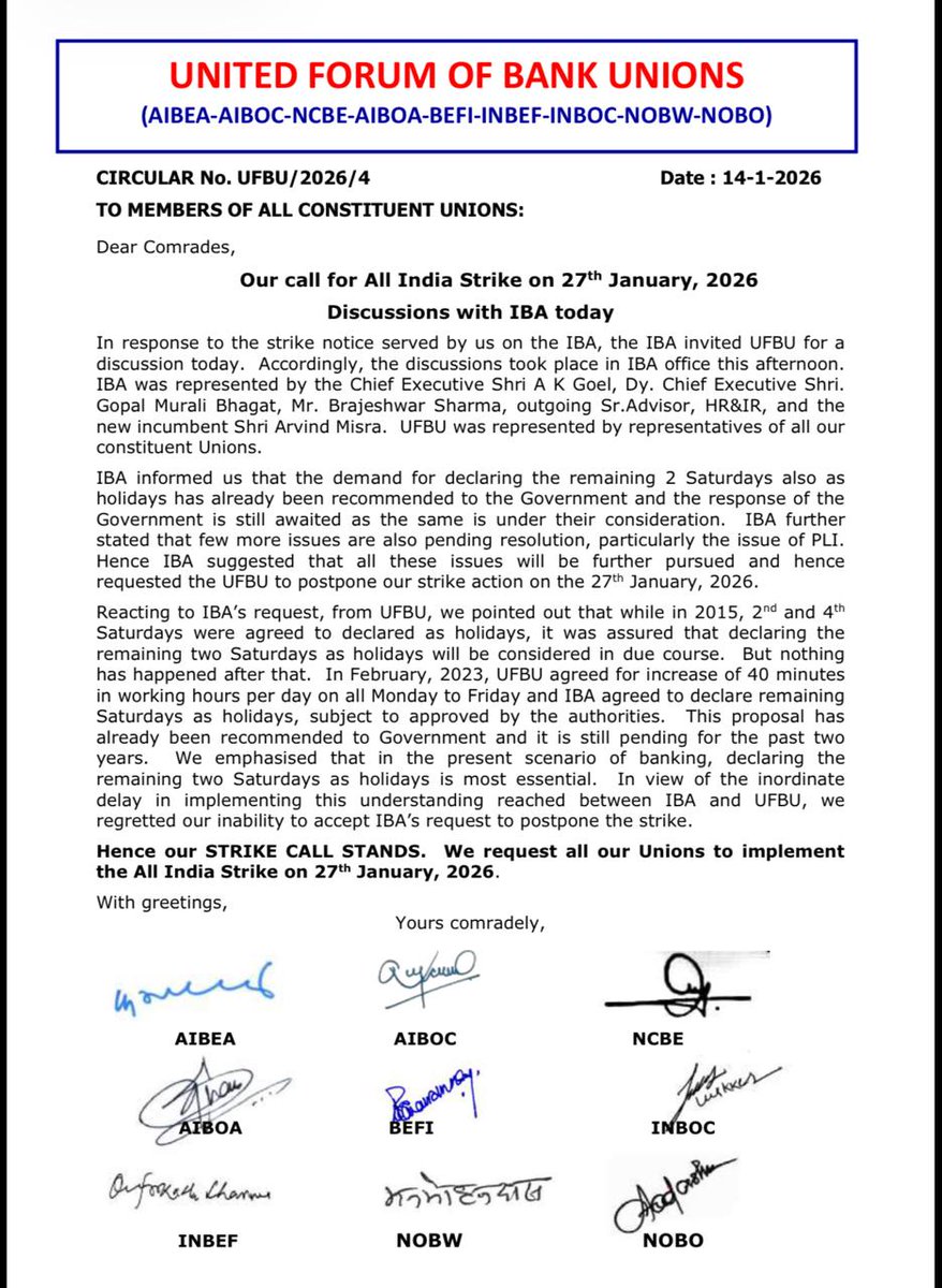 PSBPunch's tweet image. The #strike scheduled for #January 27 is still set to take place  no #deferment has been announced in today's #meeting with #IBA.

@DFS_India @ChiefIba @RBI @RBIsays @FinMinIndia