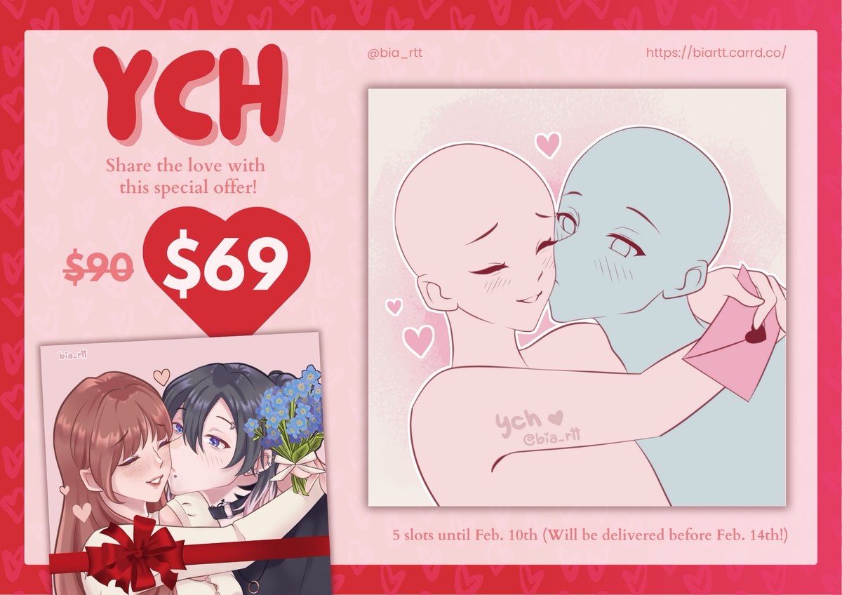 💌VALENTINE'S DAY YCH💌

It's Valentine's season soon, so I'm opening 5 slots for my YCH!
More samples below ▿ 

[rts are highly appreciated!] #arttwt #lfartmoots #artshare