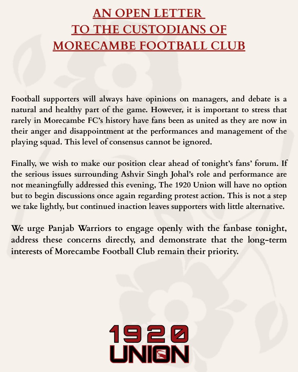 The1920Union's tweet image. An Open Letter to the Custodians of Morecambe Football Club

We urge @Panjabwarriors to engage openly with the fanbase tonight, address these concerns directly, and demonstrate that the long term interests of Morecambe Football Club remain their priority.