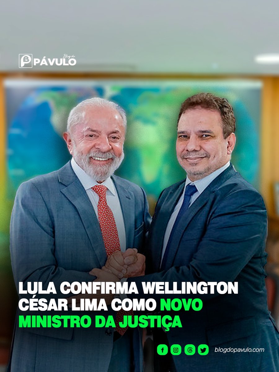 Blogdopavulo's tweet image. Lula confirma Wellington César Lima como novo ministro da Justiça ✅ 

Wellington substitui Ricardo Lewandowski, que deixou o governo na última sexta-feira (9/1).

blogdopavulo.com/lula-confirma-…