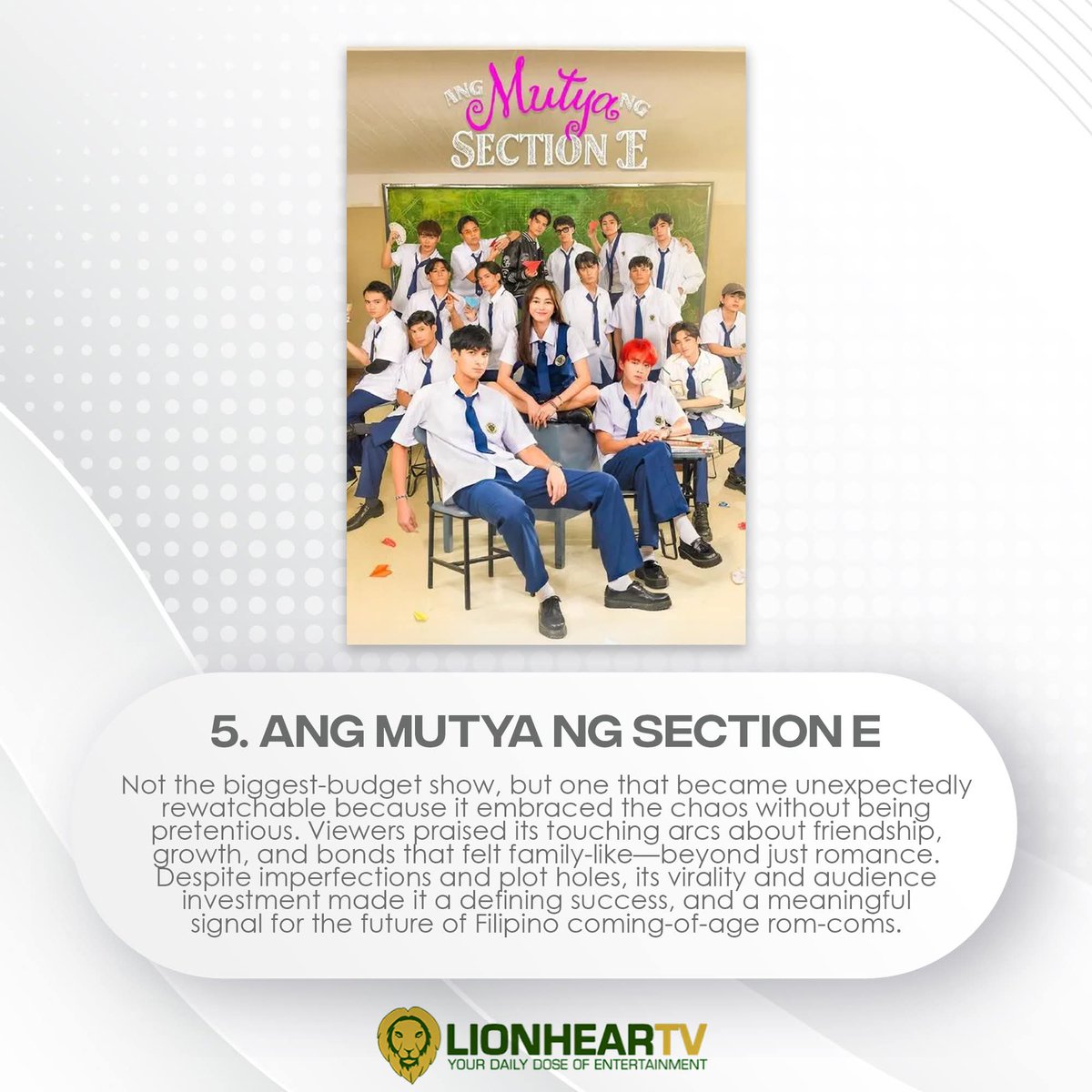 TNEM2BH's tweet image. Ang Mutya Ng Section E secured a spot in the 25 Best Teleseryes of 2025. ✨

Congratulations to Ate Lara, the cast, and AMNSEville. Thank you so much for the endless love and support 🫶 

--------

 🔗: lionheartv.net/2026/01/telese…
 🔗: facebook.com/share/p/1DCMGJ…