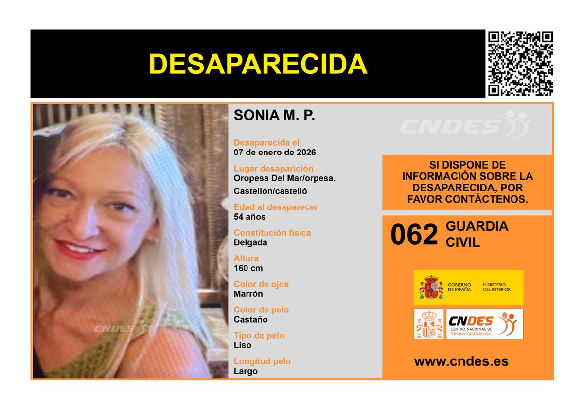 ⚠️🚺 DESAPARECIDA🚺⚠️
Edad 54 años
🧐Última localización #OropesaDelMar #Castellón
Ayúdanos➡️comparte 📲
Si crees haberla visto 📩
📞062 <a href="/guardiacivil/">Guardia Civil</a> 
<a href="/cndes_oficial/">CNDES</a> #desaparecida
