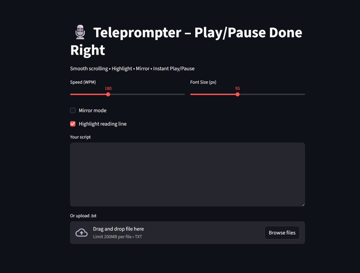 rodtrent's tweet image. Build Your Own Butter-Smooth Teleprompter in Streamlit (No More Blank Screen Nightmare!) rodtrent.substack.com/p/build-your-o…

#Teleprompter #Python #Code
