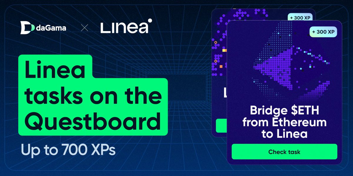 Have you completed the tasks on the Questboard? ✅

Exclusive quests from <a href="/LineaBuild/">Linea.eth</a> are still live on daGama! Complete them all to earn up to 700 XP in our campaign and get a chance to win rewards in MetaMask Season 1.

Find more details and tasks here:
airdrop.dagama.world/tasks/