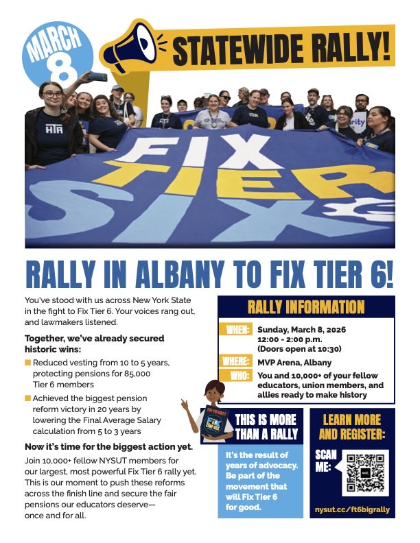 Join your NYSUT siblings to #fixtier6!

Sign up for the statewide rally on Sun, March, 8 at the MVP Arena in Albany. There will be busing from ROC to Albany, and members are welcome to bring their friends and family. NYSUT Retirees are also welcome to join in on the advocacy!