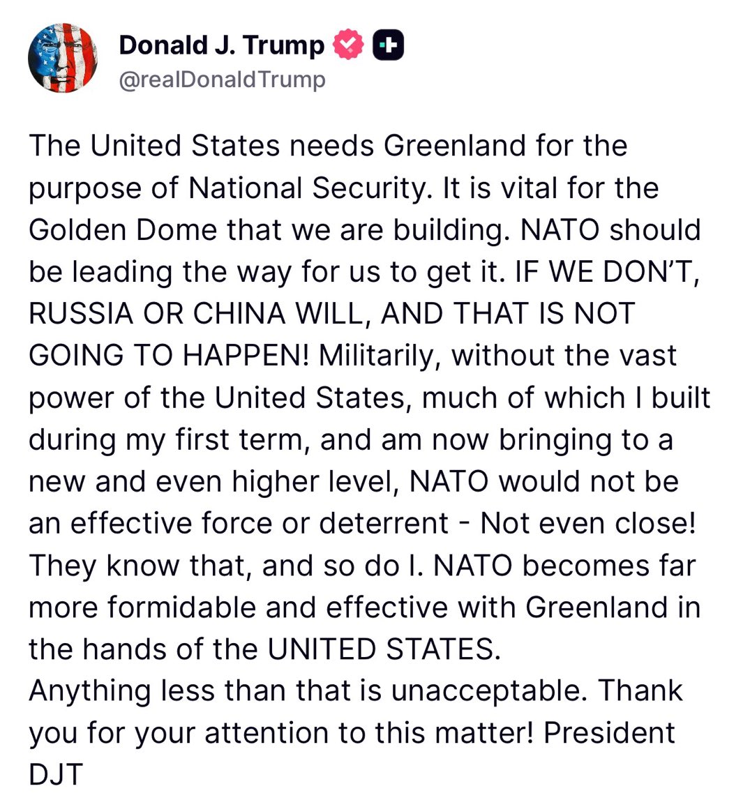 Microinteracti1's tweet image. If a place is within NATO’s security architecture, nobody needs to “take” it for defense, because NATO exists to prevent exactly that logic: collective deterrence beats ownership. 

The United States is weaker without NATO than it would ever be stronger with a missile shield in…