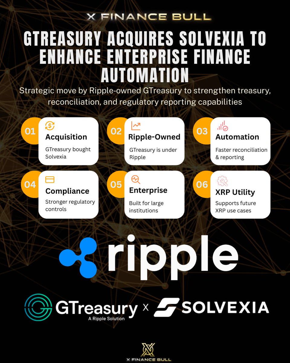 Have you seen this move? 🔥 GTreasury (Ripple-owned) acquired Solvexia, an  automating finance ops for global institutions Every layer of Ripple $XRP  enterprise stack just got stronger. Treasury, compliance, settlement. All  now