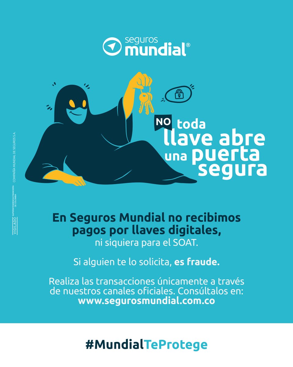 ¿Te pidieron pagar un seguro con una "llave digital"? ¡Detente! ✋ Eso es un fraude. En Seguros Mundial no usamos ese método para ningún producto. Infórmate en nuestra web oficial: segurosmundial.com.co