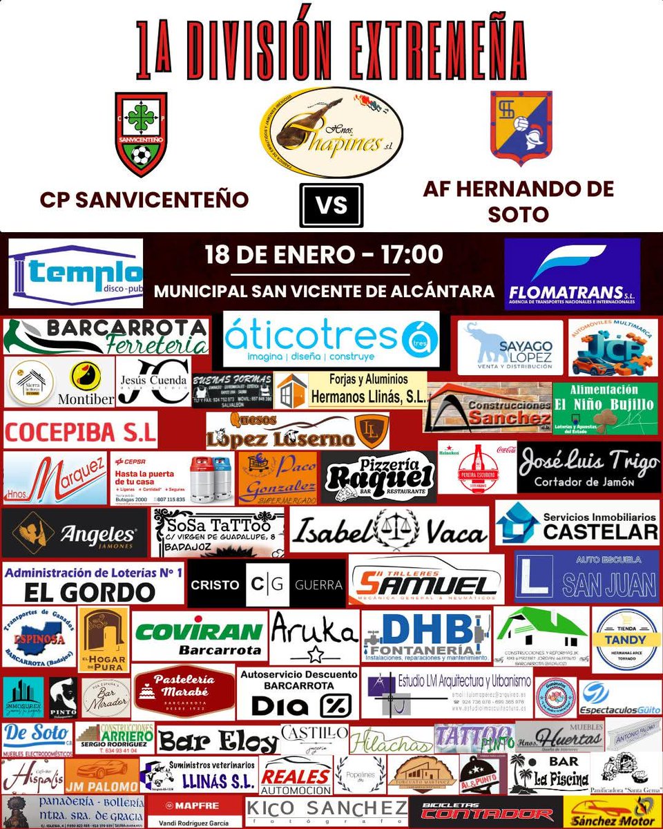 📢⚽NOS DESPLAZAMOS A SAN VICENTE DE ALCÁNTARA🚗🚌
Esperamos todo vuestro apoyo 🗣️ para traernos los 3 puntos ⚔️

🆚 CP Sanvicenteño
📆 Domingo 18 de Enero
⌚ 17:00
🏟 Estadio Municipal de San Vicente de Alcántara

🟡🔵VAMOS HERNANDO🔵🟡