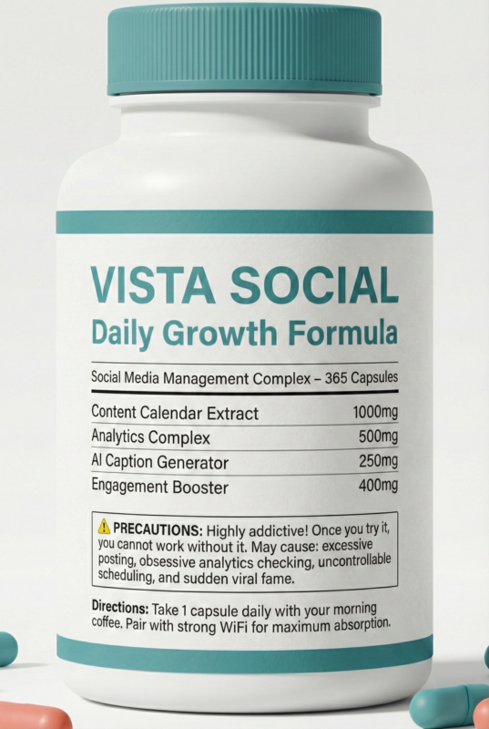 Introducing your new daily essential 💊

Vista Social: Daily Growth Formula
✓ Relieves content chaos
✓ Boosts engagement naturally
✓ Cures scattered posting syndrome
⚠️ Warning: Highly addictive. Side effects include obsessive analytics checking and sudden viral fame.
Take one