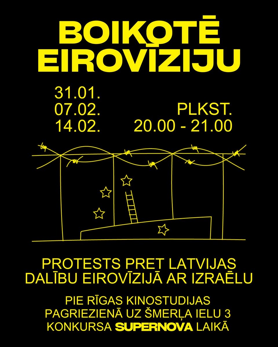 BrivuPalestinu's tweet image. 3 protesti pret Latvijas dalību Eirovīzijā, caur kuru savus noziegumus atmazgā Izraēla! Protesti notiks 3 nedēļas pēc kārtas pirms katra “Supernova” koncerta! 
Nē mūzikas izmantošanai Gazas genocīda piesegšanai!
