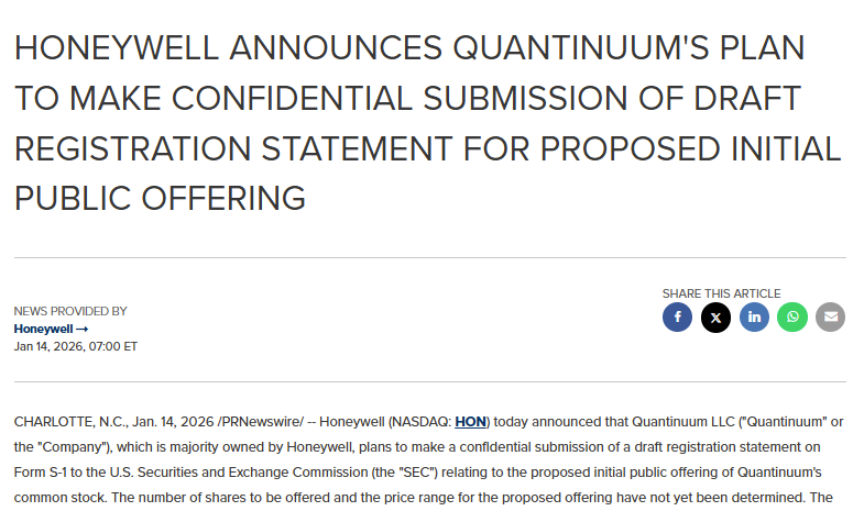 InsideArbitrage's tweet image. $HON Honeywell-controlled Quantinuum is preparing to confidentially file for an IPO in the coming days.