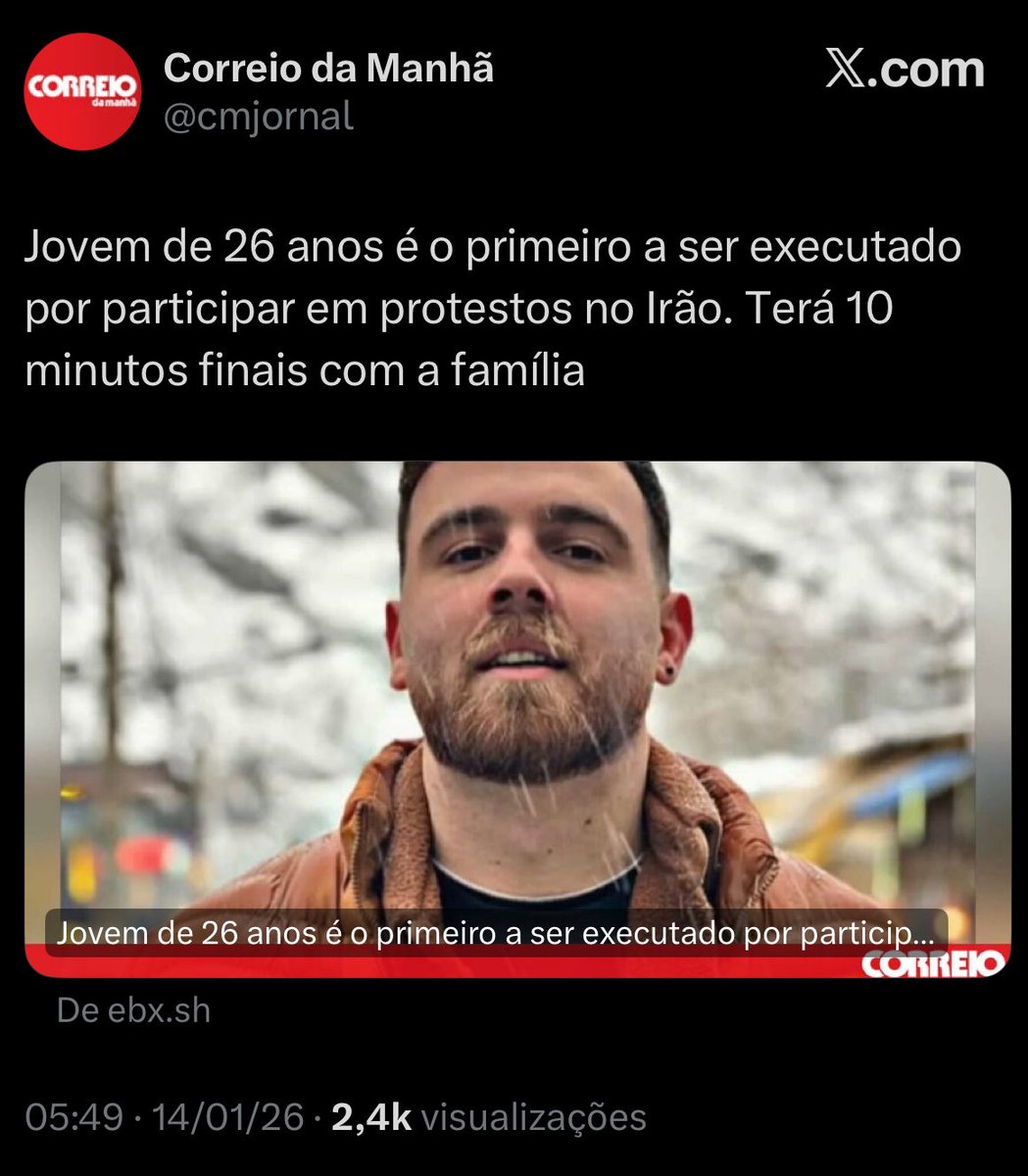 Executam um jovem por protestar.
O regime do Irão reprime o seu povo há quase cinco décadas.
Silêncio absoluto do palhaço Guterres e da esquerda humanista: nenhuma reunião urgente, nenhuma flotilha, nenhuma manifestação, nenhum grito.
Mas condenar Israel? Câmaras ligadas e