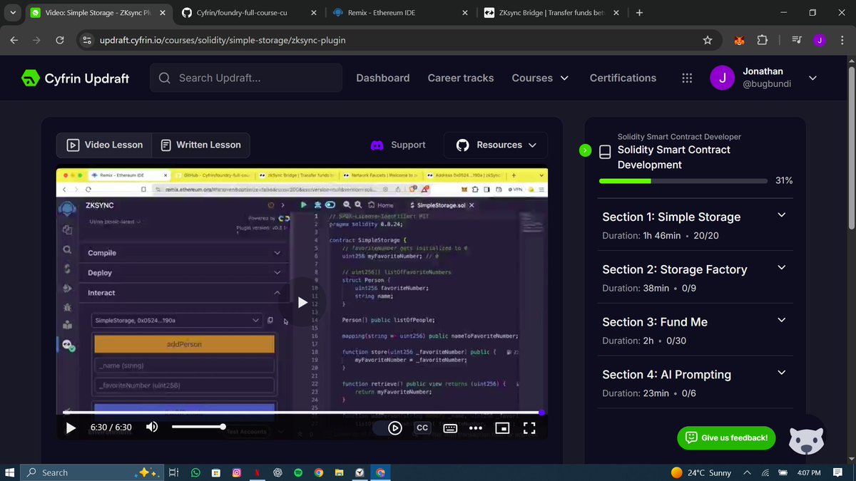 Jonathan_W3b's tweet photo. Day 4 of my smart contract security researcher journey
I was occupied with classes today managed to spare 1 hour for the solidty smart contract development course.
#Day4 #SmartContractSecurity #CyfrinUpdraft #Solidty https://t.co/KE06thiMpn