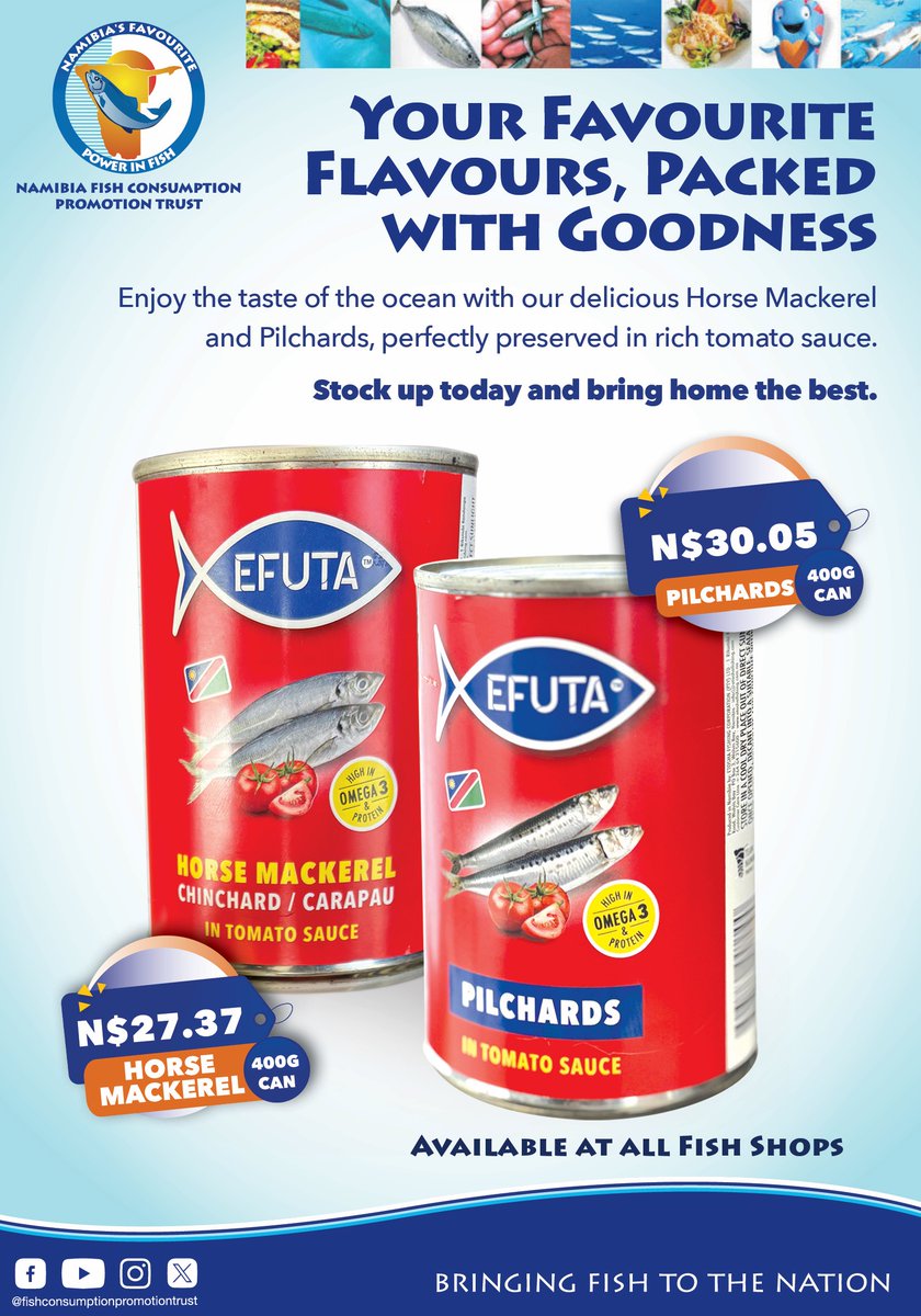 Visit our nationwide outlets for the best canned fish products on the market.
Choose between Horse Mackerel and Pilchard, both in tomato flavours.....
#bringingfishtothenation