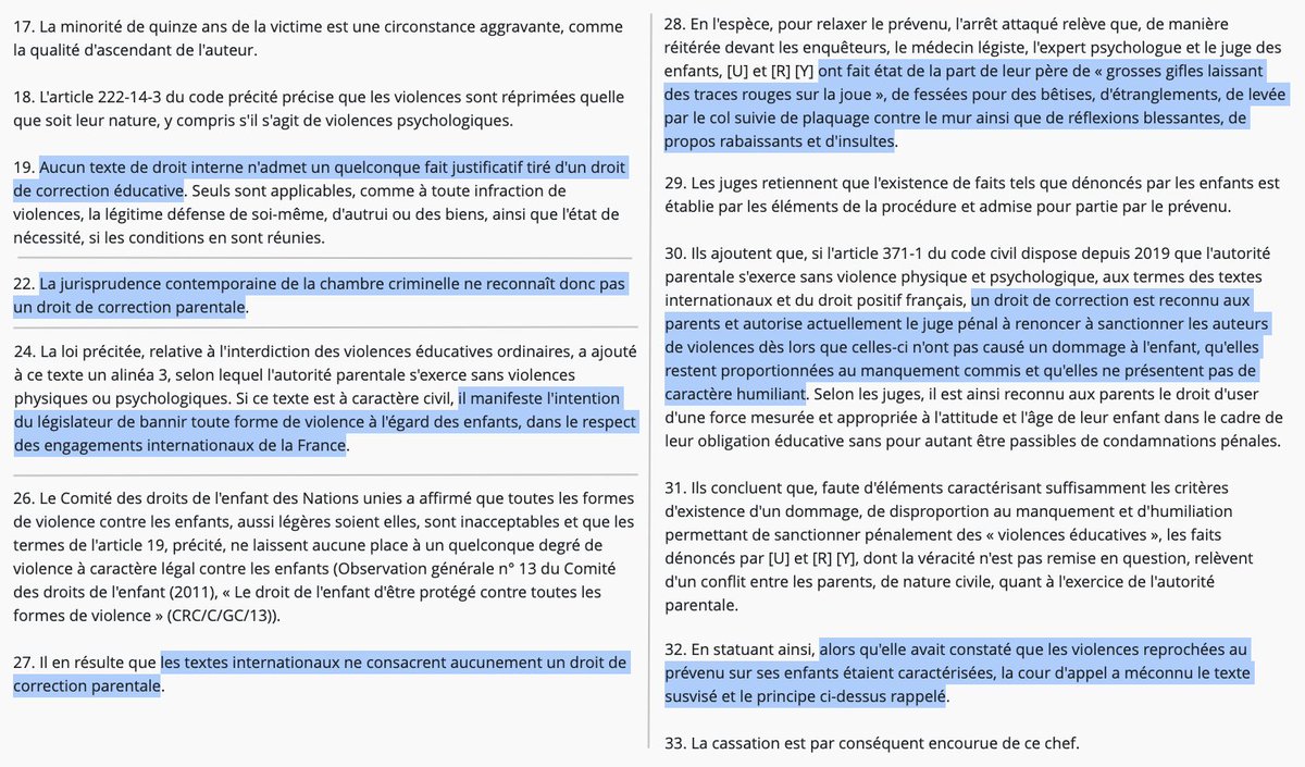 Violences parentales : De façon inédite, la <a href="/Courdecassation/">Cour de cassation</a> exclut fermement toute idée de « droit de correction parentale ».

C'est au nom de ce "droit" qu'un père poursuivi pour violences sur ses enfants fut relaxé.

Cette relaxe (lunaire...) est donc annulée &amp; il sera rejugé.