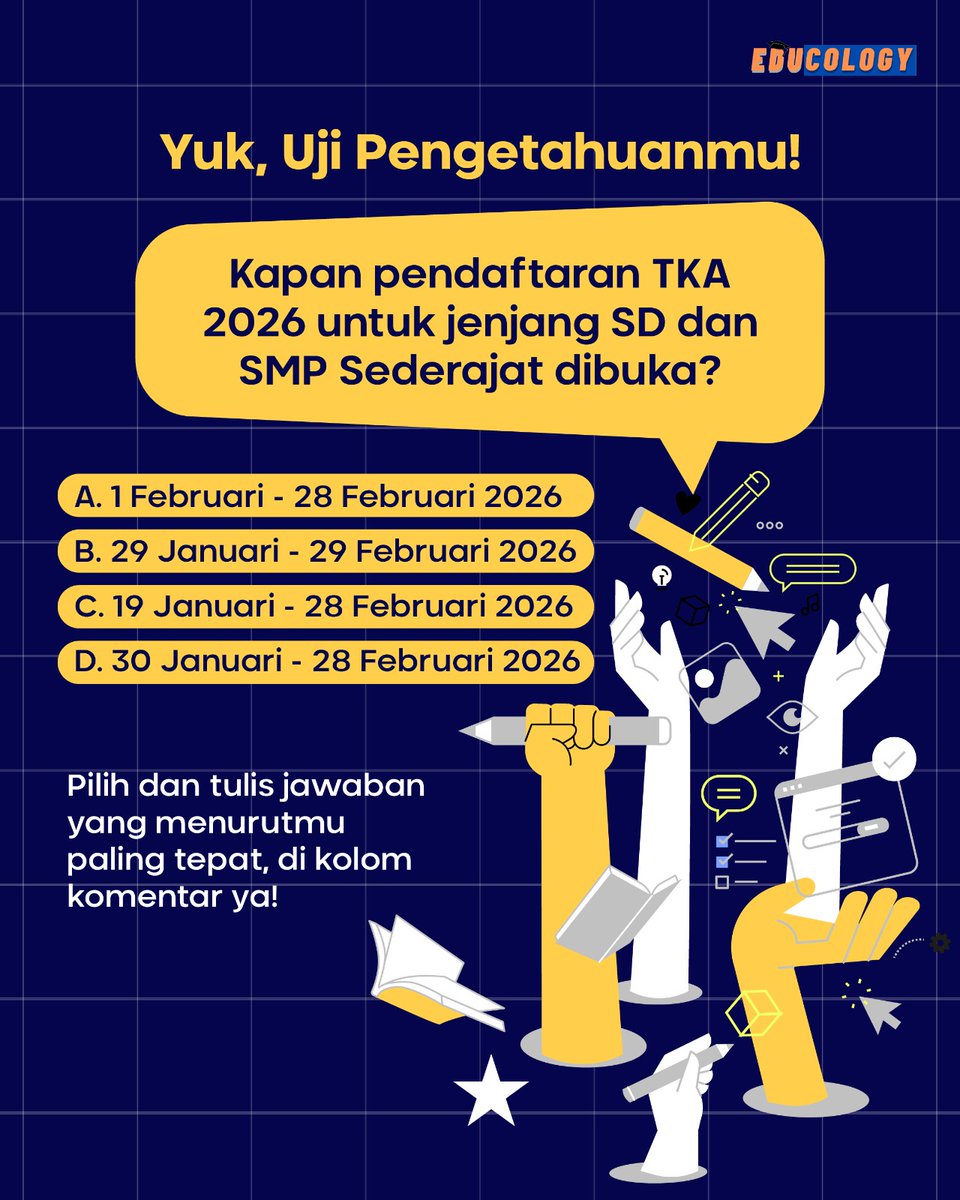 educology_id's tweet photo. EDUCOLOGY QUIZ HADIR LAGI 🥳🥳🥳

Yuk, cek rulesnya👇
1. Wajib follow seluruh sosmed Educology (Instagram, Twitter, Facebook, Tiktok)
2. Like, share, dan komen sebanyak-banyaknya pada postingan @educology_id (MinEdu akan pantau)

#infokuis #kuisberhadiah #giveaway #giveawayindo https://t.co/NFBMavycAS