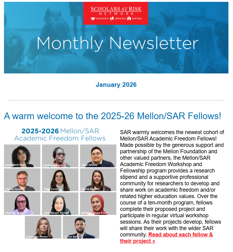 ScholarsAtRisk's tweet photo. SAR's January 2026 newsletter, available now! See key news updates, opportunities, and resources from across the SAR network this month. Read and subscribe: https://t.co/xPZcyH3aMg https://t.co/dQmbMLEbRn