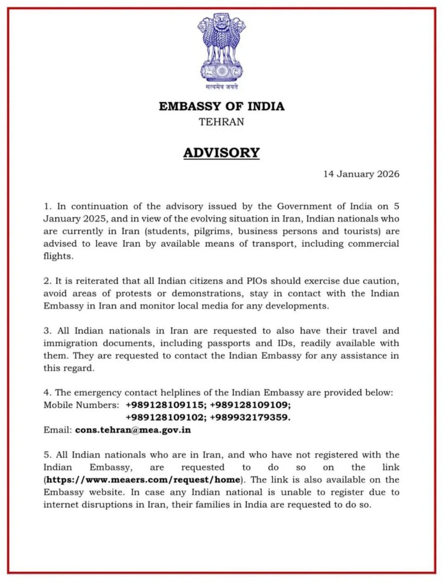 OSINTJKL's tweet image. ⚠️ #Advisory 
India asks all Indian Nationals to leave Iran. Students Pilgrims Business Persons and tourists advised to leave Iran by available means of transport including commercial flights
More Details are Awaited