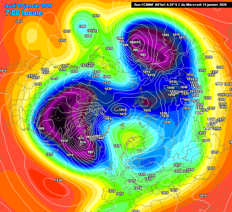 Fin janvier : la France pourrait se situer au carrefour des centres d’action.
Un possible blocage scandinave et une circulation très ondulée favoriseraient des conflits de masses d’air sur l’Europe de l’Ouest, avec un temps potentiellement instable et parfois hivernal.