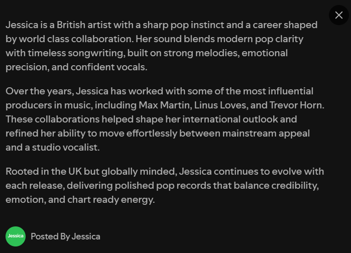sicafiles's tweet photo. apparently jessica’s spotify account was messed with again. besides several songs that aren’t hers being uploaded to her profile, the bio was also changed. how long is @Coridel_Ent going to keep this terrible management? change the profile name to “jessica jung” immediately! https://t.co/JwbmrsH6z0