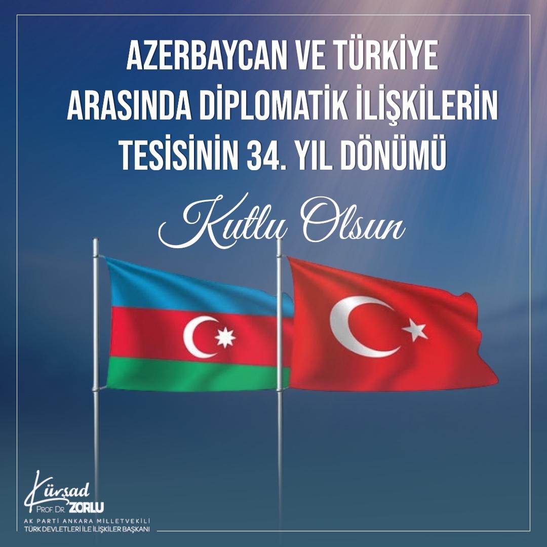 🇹🇷🇦🇿Azerbaycan ve Türkiye arasında diplomatik ilişkilerin tesisinin 34. yıl dönümü kutlu olsun.

Artık resmi olarak müttefiklik ile taçlanan kardeşlik bağlarımızın her sahada güçlenerek ebedi olmasını diliyorum  

Kökü mazide, kolları ise atiye uzanan büyük çınarımız tüm gönül