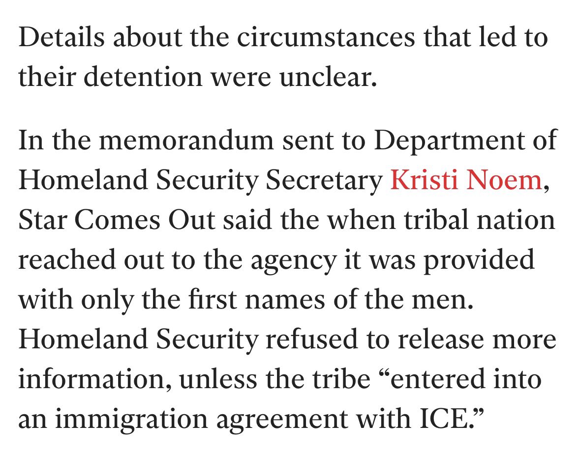 ReichlinMelnick's tweet image. The Oglala Sioux Tribe says ICE is currently detaining 3 tribal members (U.S. citizens arrested at a homeless encampment) and refused to release any details about their detention to the Tribe unless the Tribe agreed to “enter into an immigration agreement with ICE.”
