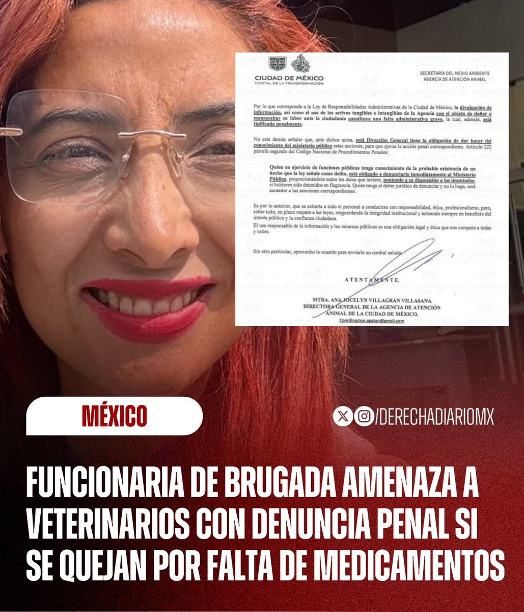 DerechaNotiMex's tweet image. QUIERE SILENCIAR LA VERDAD

La titular de la Agencia de Atención Animal, Ana Villagrán, funcionaria de Clara Brugada, amenazó con denunciar a trabajadores del Hospital Veterinario de la CDMX si se quejan sobre las pésimas condiciones en las que opera el centro médico.