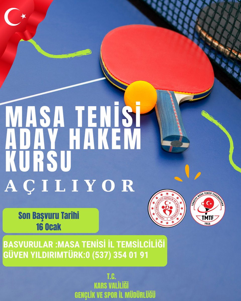 🏓 MASA TENİSİ ADAY HAKEM KURSU AÇILIYOR! 🏓
Masa tenisine gönül verenler için önemli bir fırsat!
Hakemlik yolunda ilk adımı atmak isteyen adaylar için Masa Tenisi Aday Hakem Kursu başlıyor.
<a href="/OA_BAK/">Dr. Osman Aşkın Bak</a> <a href="/ziyapolat73/">Ziya POLAT</a> <a href="/mehmet_baskoylu/">Mehmet BAŞKÖYLÜ</a> <a href="/gencliksporbak/">Gençlik ve Spor Bakanlığı 🇹🇷</a> <a href="/KarsValiligi/">T.C. Kars Valiliği</a>