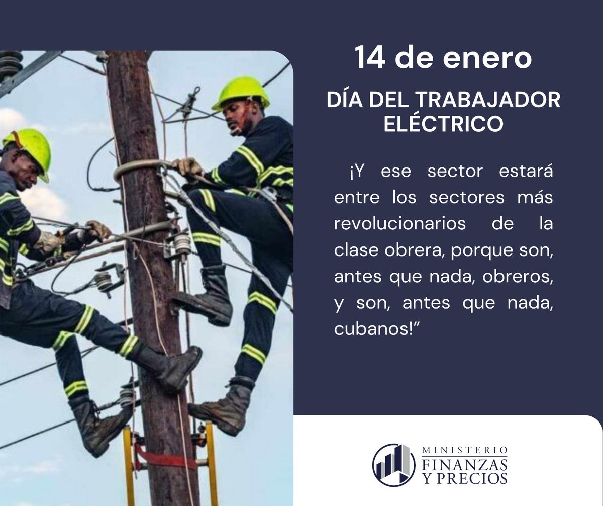 Buenos días🌞 #Cuba❗
Este 14 de enero se celebra en #Cuba el día del Trabajador Eléctrico, ocasión propicia para homenajear a todos los que con compromiso y entrega desempeñan esta labor. 
#GenteQueSuma
#FinanzasyPrecios