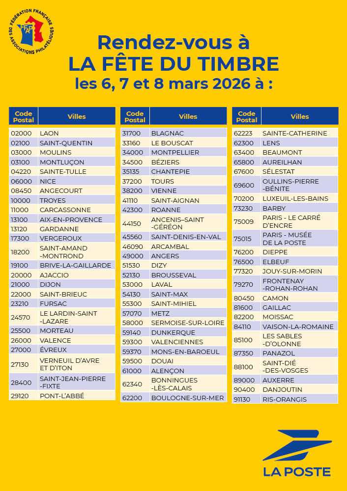 🆕🎉Du 6 au 8 mars 2026, la FÊTE DU #TIMBRE 2026 se déroulera dans 75 villes de France avec une nouvelle thématique : le street art !
Elle est organisée conjointement par <a href="/TimbresFFAP/">FFAP</a> &amp; <a href="/GroupeLaPoste/">La Poste Groupe</a>, avec le soutien de l’Adphile.
#fetedutimbre #artderue #streetart