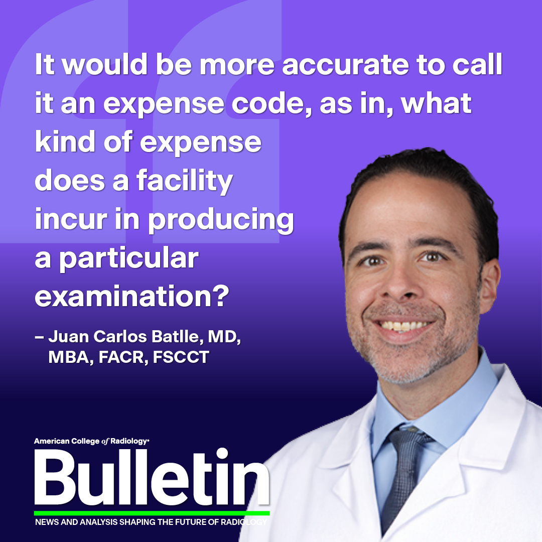 ACRBulletin's tweet photo. What is the cardiac computed tomography angiography revenue code and why is it important?  @GregoryNNicola asks Juan Carlos Batlle, MD, MBA, FACR, FSCCT, these questions and more in this month's #ACRBulletin econ column. #RadEcon 🔗 https://t.co/GlhMQkadYx @RadiologyACR @DSmethermanMD @LaurenGoldingMD