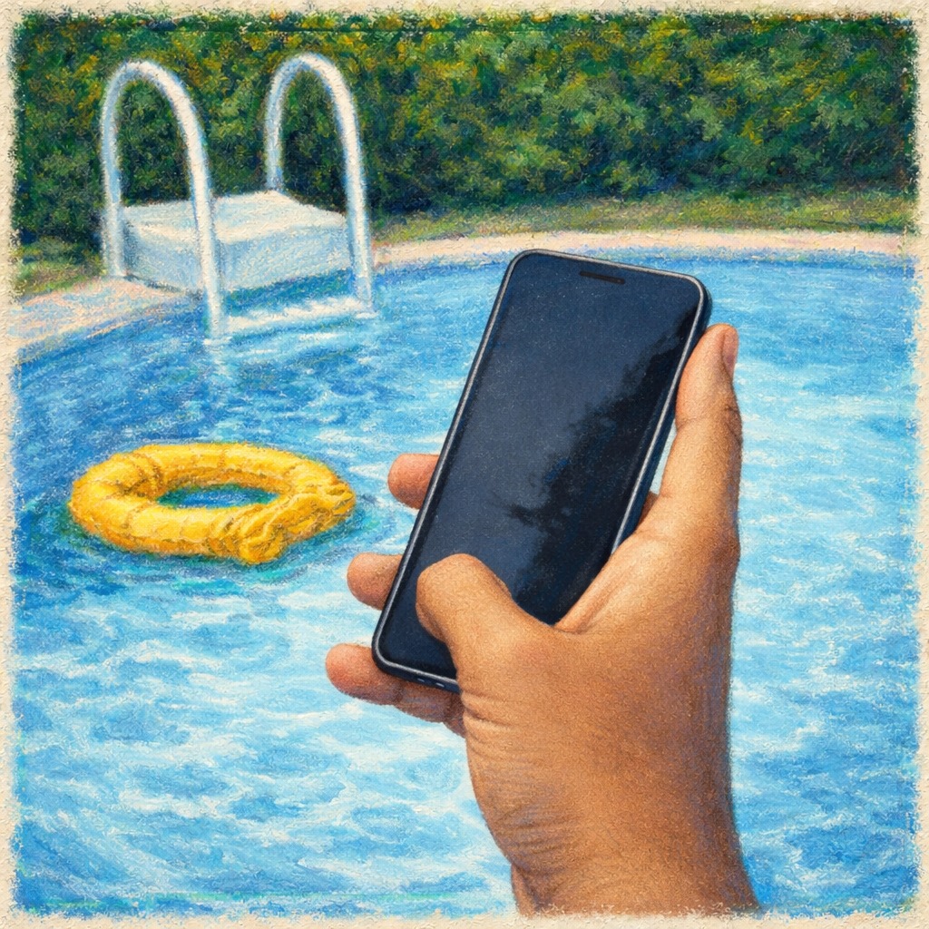 ONGnochat's tweet image. EN DÍAS de altas temperaturas y piscinas llenas, la atención no puede estar en el teléfono. Una distracción basta para una caída o una inmersión con consecuencias graves, especialmente en niños. Cuidar es estar presentes. La responsabilidad no se delega 📵🥽