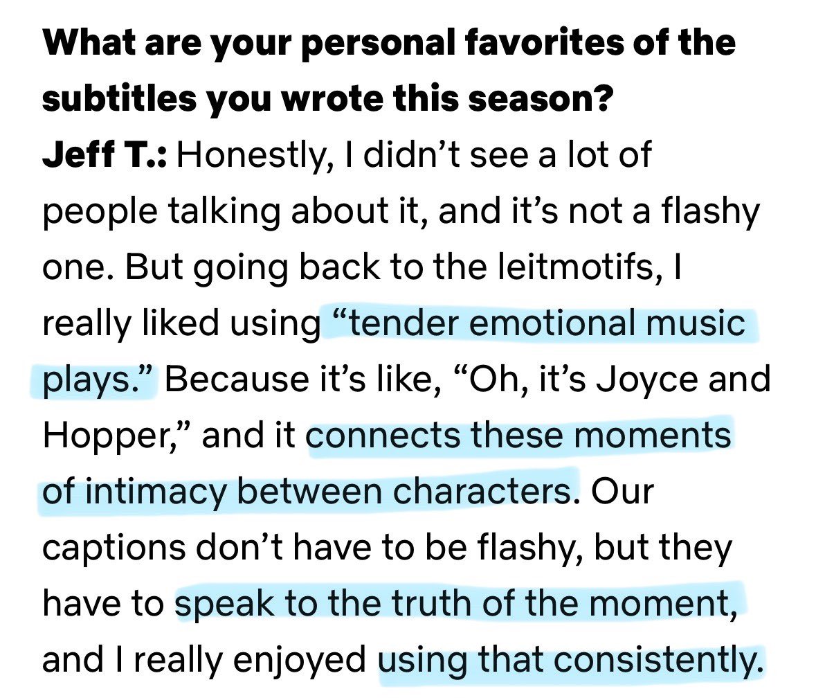 yourstrulivia's tweet image. that subtitle guy was bylering out when he decided to add “tender, emotional music” to these scenes😭 jopper byler + lumax all had tender, emotional music play twice in season 4
