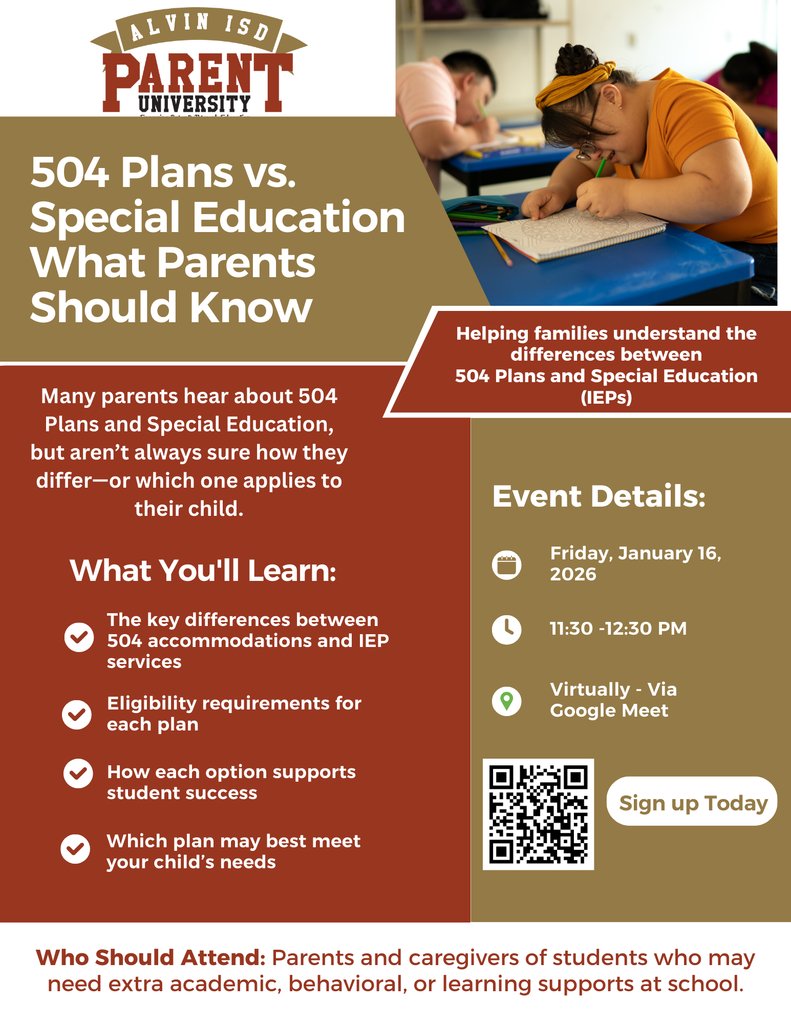 Do you want to learn the difference between 504 and Special Ed? Sign up for this workshop  Link to register: forms.gle/tLopGVGijEKfkE…