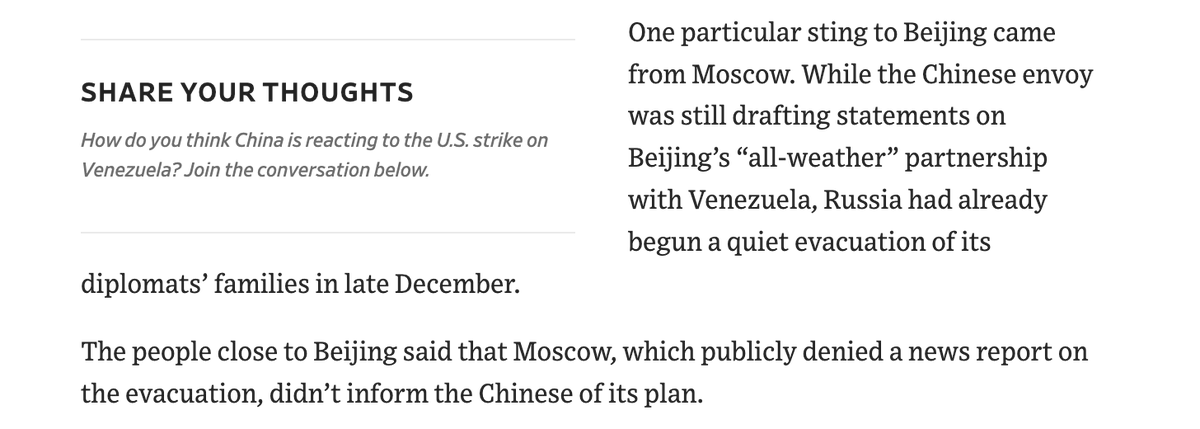 Apparently Russia had advanced notice of the U.S. attack on Venezuela, but didn't tell China. I don't think this has been reported anywhere else, and huge if true. 
wsj.com/world/americas…