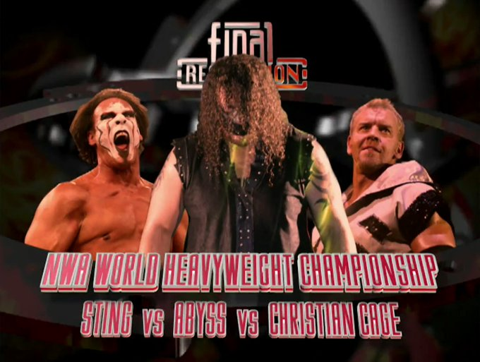 wrestle_hist's tweet photo. 1/14/2007  

Christian Cage defeated Abyss and Sting to win back the NWA World Heavyweight Championship at Final Resolution from the Impact Zone in Orlando, Florida.  

#TNA #ImpactWrestling #FinalResolution #ChristianCage #Abyss #Sting #NWAWorldHeavyweightChampionship https://t.co/qtRciZhTOq
