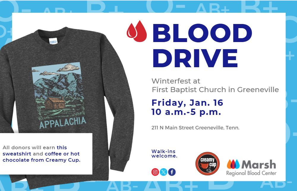 Help us share this! Blood Drive this Friday from 10AM-5PM in the First Baptist Church parking lot. All donors will receive a sweater and hot chocolate or coffee from Creamy Cup. #BloodDrive
