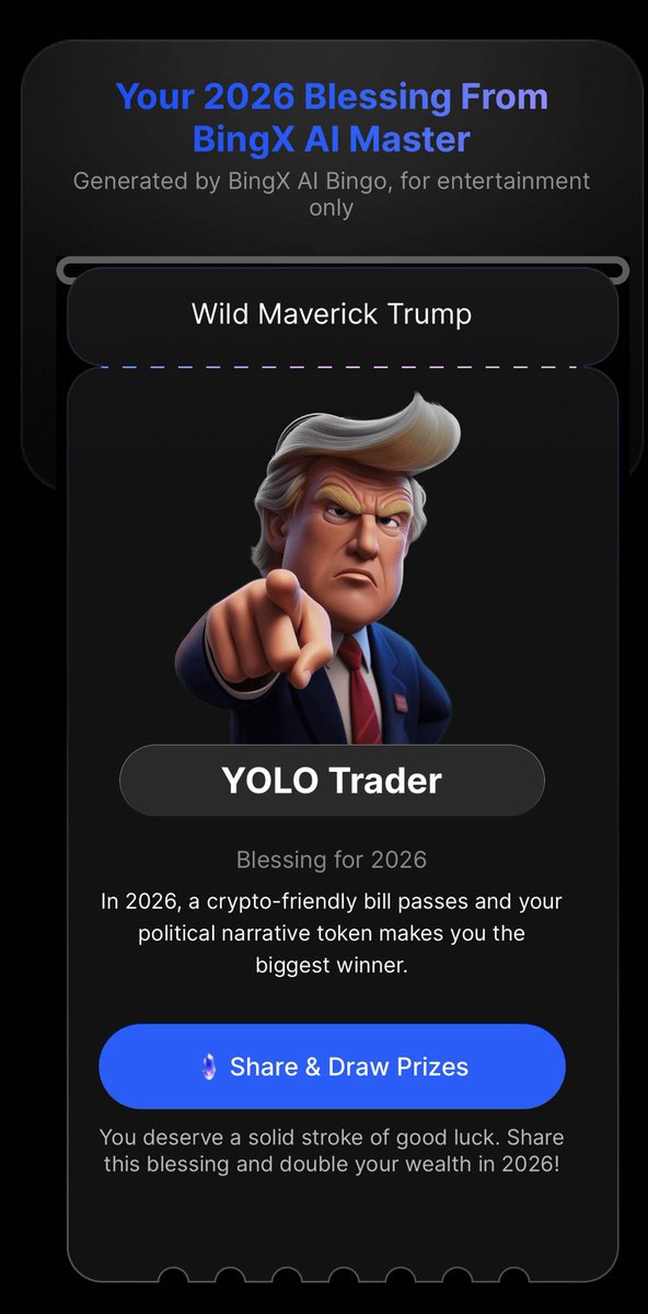 Vivien_BingX's tweet image. My @BingXOfficial AI Bingo just called me out as a Wild Maverick Trump.

Loved seeing my 2025 investment recap as we kick off 2026. 

Want to see how you stack up? Review Your 2025 Investment Journey and Join the Shards Spin linked below!
