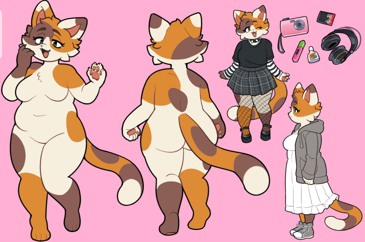 UnderFact_'s tweet image. Ever so slightly outdated ref sheet be up you; This is from back in 2023! Her patterns aren't consistent in any way since she dyes them on herself :3
She's supposed to be drawn with big chunky whiskers like in the second pic

Art by @loveycloud !!! My awesome big sister!!!