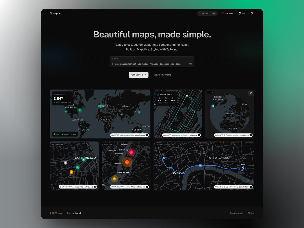 mapcn update: <a href="/shadcn/">shadcn</a> style map components now work out of the box with - Next.js, Vite, TanStack Start, any React app.

mapcn.dev